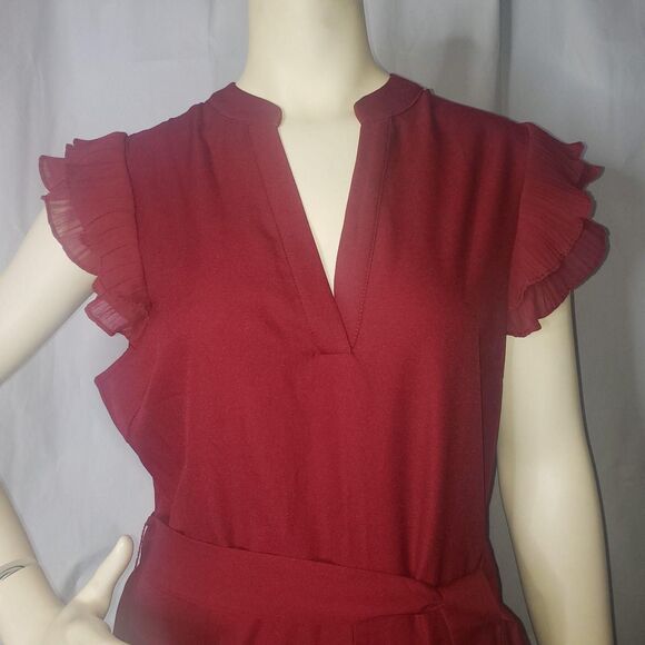 SHEIN Jumpsuit Womens XL Red Ruffle Sleeve Belted Keyhole Back Wide Leg Romper - Picture 3 of 10